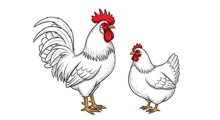 Fototapeta premium White rooster and hen standing side by side on plain background farm fresh poultry illustration