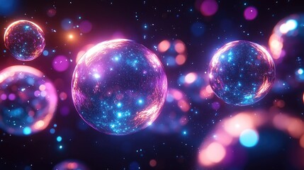 Abstract cosmic landscape with luminous spheres and bokeh creating a dreamlike scene