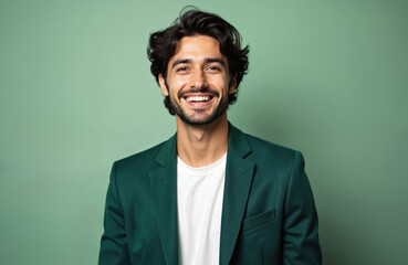 Fototapeta premium Young man wears green blazer smiling warmly against a plain light green backdrop. He shows confidence and positivity, suitable for business or casual contexts.