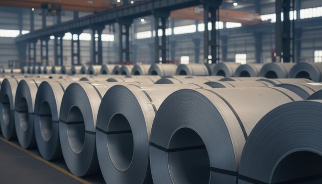 Industrial steel coils neatly stacked and ready for manufacturing in a large production facility