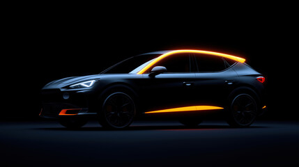 Futuristic electric car concept with glowing neon light accents on dark background modern automotive design