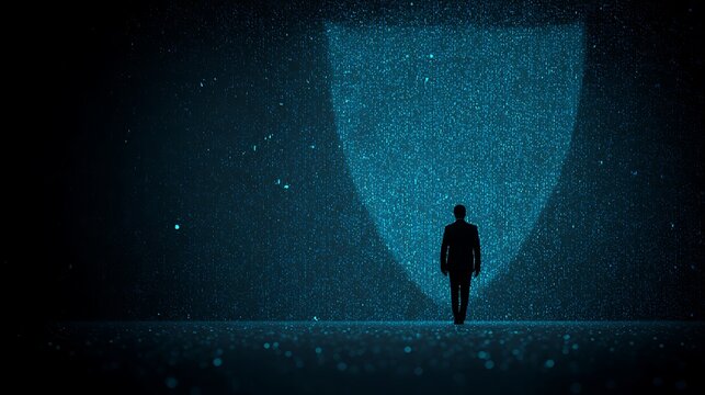 human silhouette behind digital shield wall, enterprise cybersecurity protection