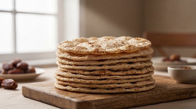 Stack of Fresh Whole Wheat Flatbreads on a Rustic Wooden Board with Dates