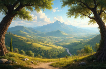 Naklejka premium Green rolling hills with a river winding through valleys under distant hazy mountains. Tall trees frame a sunlit path leading over grassy mounds and vineyards.