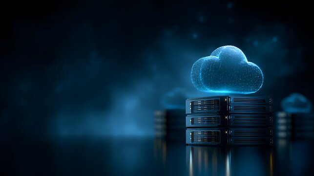 hybrid cloud server security concept, cloud and server protected by digital shield