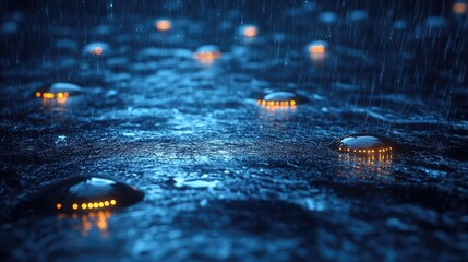 Atmospheric Blue: Raindrops on Pavement with Glowing Reflections, Creating a Serene