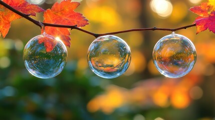 Autumnal reflections three crystal balls adorning a branch bathed in sunlight offer a warm