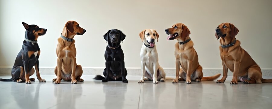 Six dogs sit in a line, patiently awaiting commands in a clean room. Breeds vary from black lab to tan hounds, all collared and alert, ready for training or playtime.