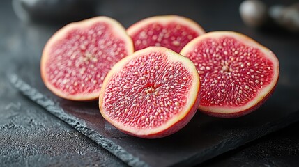 Close-up studio shot of fresh ripe figs cut in half displaying vibrant colors and textures