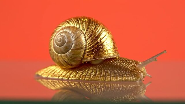 A surreal golden snail with a shiny shell slowly moves across a reflective surface with a surreal orange background.