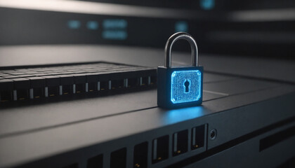 Cybersecurity concept with glowing digital padlock protecting server data in modern technology background.
