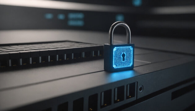 Cybersecurity concept with glowing digital padlock protecting server data in modern technology background.