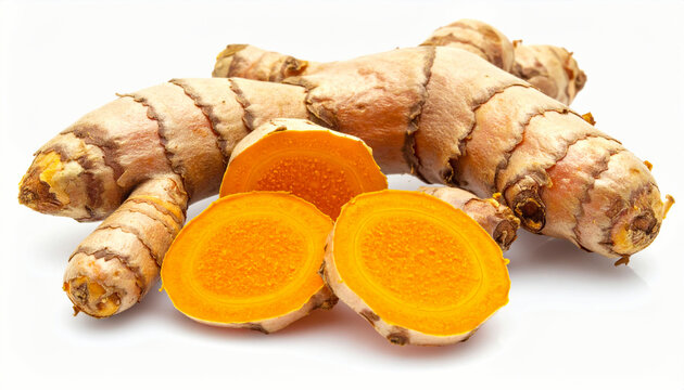 Fresh Turmeric Roots and Sliced Turmeric.