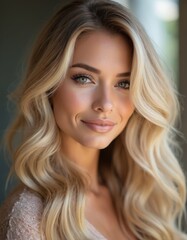 Fototapeta premium Blonde woman with long wavy hair smiles looking at camera. Her face has subtle makeup and bright green eyes. She wears a light pink lace top.