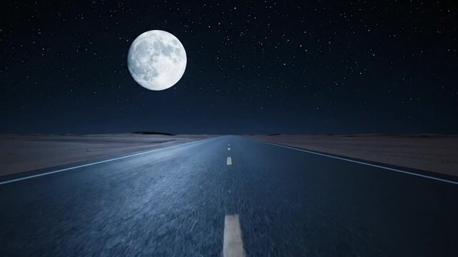 A long, empty road stretches into the distance under a vast, star-filled night sky with a bright full moon illuminating the path.
