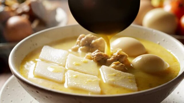 Cinematic 4K Slow Motion of Ladling Rich Yellow Opor Ayam Curry over Ketupat Rice Cakes and Eggs, Traditional Indonesian Eid al-Fitr Iftar Food