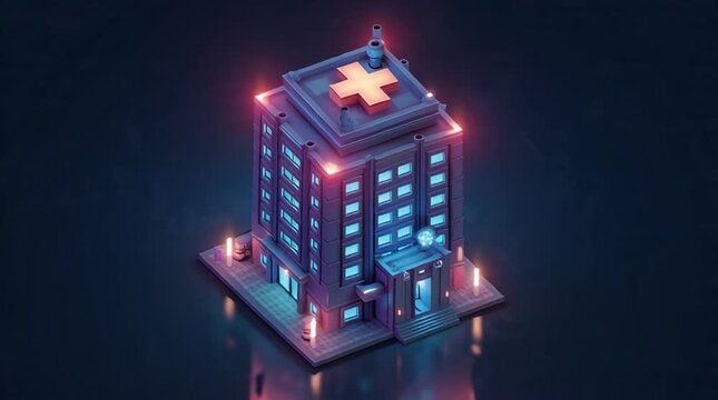 Isometric 3D rendering of a blue and pink medical building with a red cross on the roof, surrounded by glowing lights, against a dark background, seamless loop.
