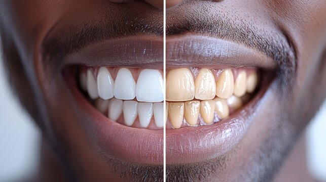 Comparison of teeth split view showing whitening effect with healthy, white teeth