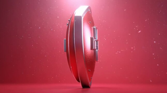 A shiny red disk with metallic handles stands upright on a red floor against a red background with a spotlight and subtle particles, seamless loop.