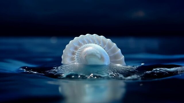 Close-up of a "Paper Nautilus" shell floating on the ocean surface, pearlescent texture reflecting the moonlight, dark blue water, silent and serene.