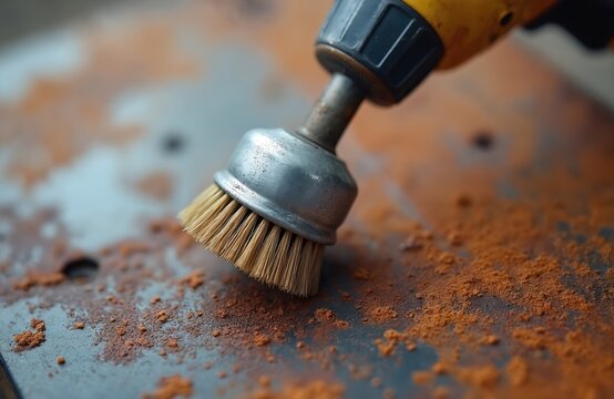 Circular wire brush on drill removes rust from metal surface. Tool cleans old iron material for repair or restoration. Grinding abrasive action creates dust.