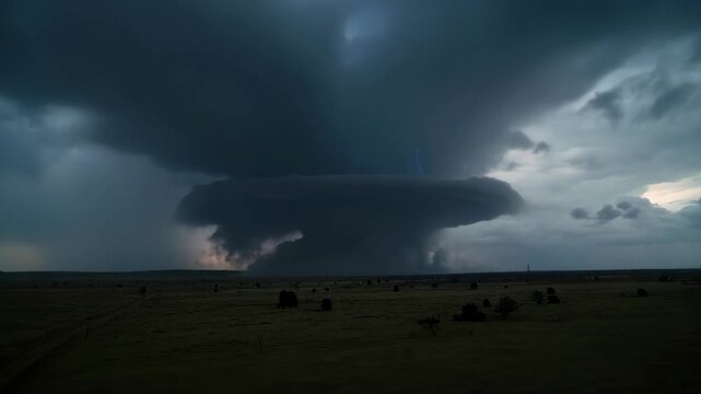 Cinematic shot of a "Supercell" cloud formation, the massive rotating cloud looking like a spaceship over a dark prairie, dramatic lighting.
