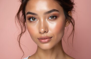 Fototapeta premium Young woman has natural makeup with glowing skin. Soft eye shadow and blush complement her features. She wears subtle lip gloss for a fresh look. Her hair is styled casually.