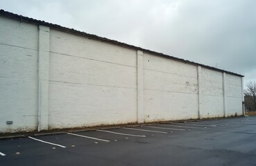 Obraz premium Empty parking lot beside plain white painted brick warehouse building exterior. Overcast sky forms backdrop for commercial industrial structure. Asphalt pavement with white parking lines.