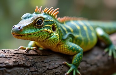 Obraz premium Green lizard with yellow stripes rests on tree branch in forest. Its scales have intricate patterns and orange crests run along its spine. Reptile eyes keenly observe surroundings in natural habitat.