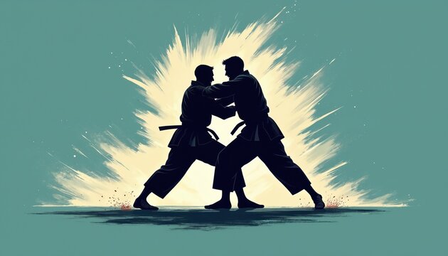 Two silhouetted judo fighters grapple and strain against each other. Dynamic brush strokes and splash effects create an intense abstract background. Men in gi uniforms practice martial arts combat.