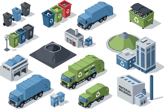 Isometric Recycling and Waste Management Icons and Vehicles Illustration