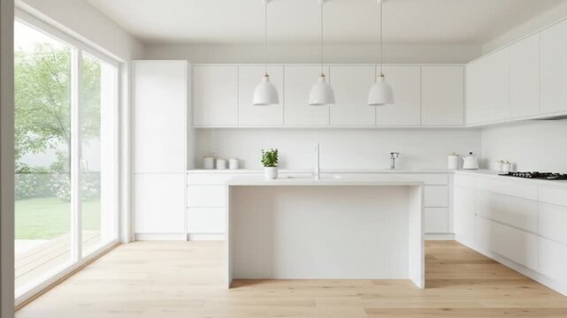Bright kitchen featuring white cabinets a central island  three pendant lights against a neutral backdrop Light wood flooring adds warmth