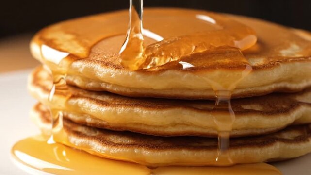 A close-up shot of a stack of fluffy pancakes being drizzled with golden syrup.