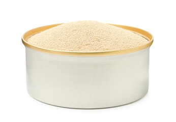 Dry yeast in bowl isolated on white