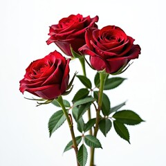Naklejka premium Three perfect red roses with green stems and leaves isolated on a clean white background. They represent love and romance in a simple, elegant way.