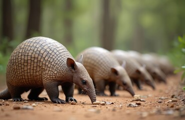 Obraz premium Several armadillos with armored shells walk in a line on a dirt path in a forest. They use their snouts to search for food. These mammals dig for insects and grubs.
