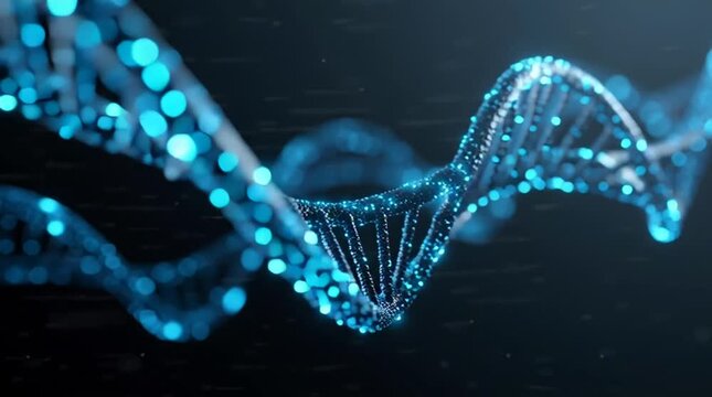 Close-up of a glowing blue DNA double helix structure against a dark background with a shallow depth of field,.seamless loop.