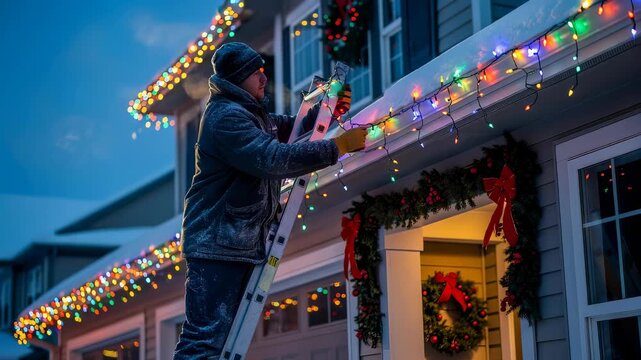 Man hanging colorful string light on house gutter for Christmas decoration in winter evening. Festive electric garland outdoor.