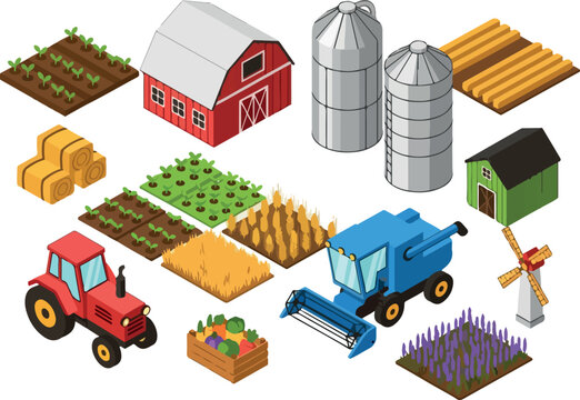 Isometric Farm Scene Illustration with Tractor and Crops