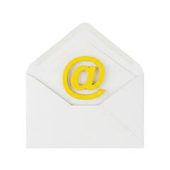 White open envelope with a bright yellow at symbol inside, representing email communication or digital correspondence.