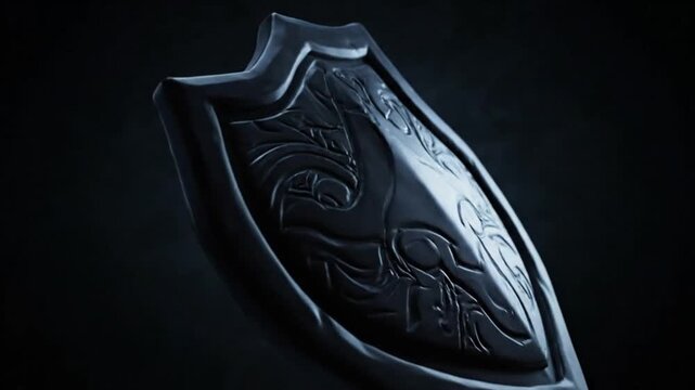 Close-up of a dark, ornate shield with intricate swirling patterns and dramatic lighting.