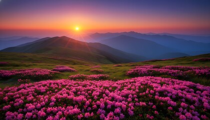 Naklejka premium Sunset over rolling hills covered in vibrant purple flowers, serene landscape, aerial view