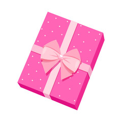 Cute Pink Gift Box with Bow and Polka Dots Isolated on White Background, Romantic Present Illustration for Valentine&rsquo;s Day, Birthday, Wedding, Anniversary, Packaging and Greeting Card Design.