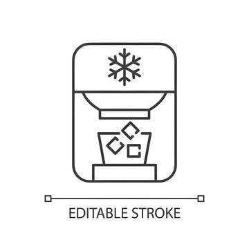 Ice maker linear icon. Freezer device. Electric machine for household. Small kitchen appliance. Thin line customizable illustration. Contour symbol. Vector isolated outline drawing. Editable stroke