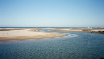 Obraz premium A river flows through a sandy beach, highlighting the connection between freshwater ecosystems and coastal habitats