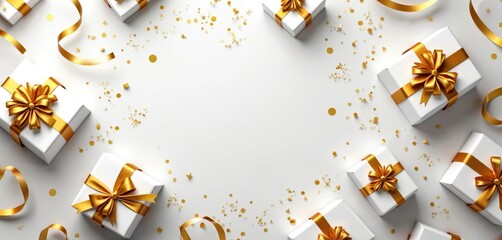 Fototapeta premium White gift boxes with gold ribbons and confetti are scattered on a clean white surface. Festive surprise presents imply celebration. Luxury items are waiting to be opened.
