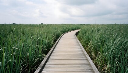 Obraz premium A wooden boardwalk stretches through tall grasses, emphasizing the connection between cultural heritage and ecosystem preservation
