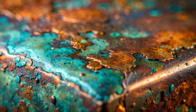 Close-up of weathered, oxidized copper surface with vibrant green patina and rust