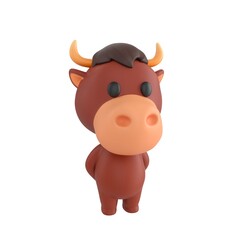 Cute 3D render Bull character standing calmly with hands behind back, polite and confident mascot style, isolated on white background.