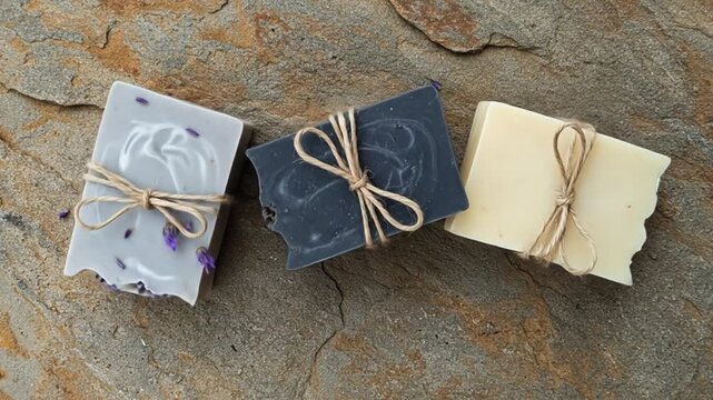 Three bars of soap lie on a rough stone surface Each bar is bound with twine